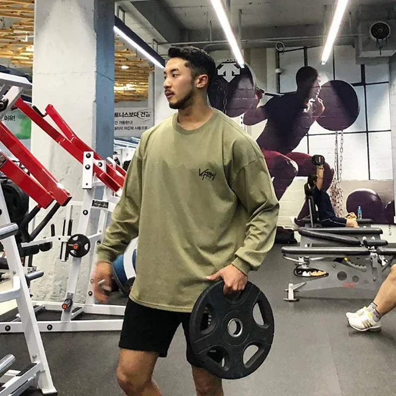 Men\'s Gym Fitness Casual Long Sleeve T-shirt Male O-Neck Bodybuilding Tees Running Sports Loose Sweatshirts Workout Clothing