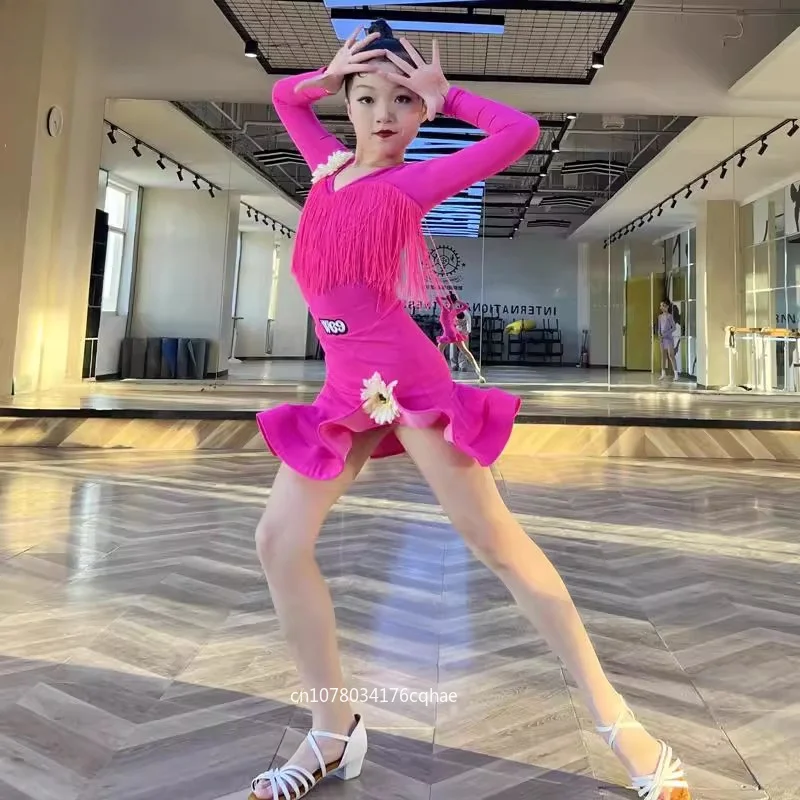 

Kids Girls Latin Dance Uniform Long Sleeve Mesh Competition Dress Grading Split Suit Women Ballroom Dancewear Costumes