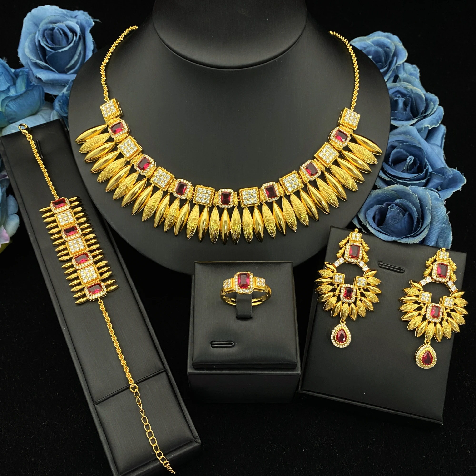 

JRH Women Jewelry Set Gold Plated Zircon Sparkling Nigeria Party Imitation Necklace Earrings Bracelet Ring