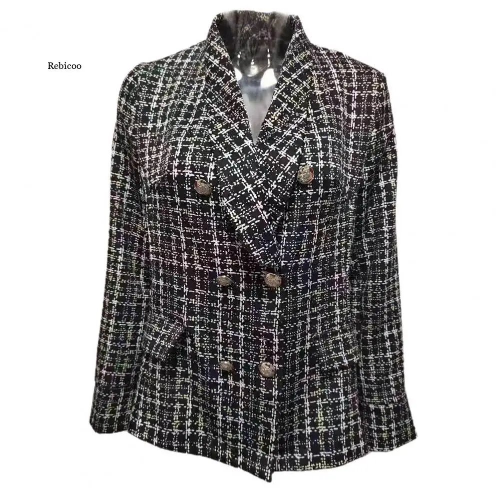 British Style Women's Jacket Tailored Collar Plaid Double-breasted Casual Slim Blazer Suit Jacket Coat    2022