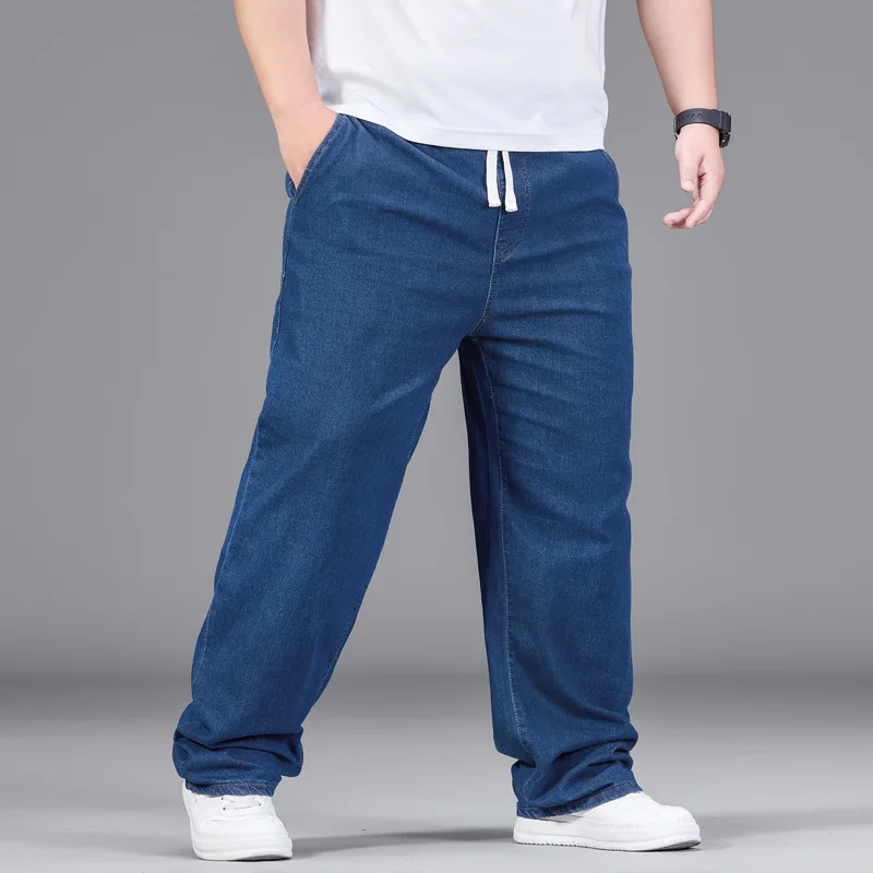 Men Cotton Loose Wide Leg Jeans Casual Elastic Drawstring Waist Trousers Sport Comfortable Plus Size Denim Pants For Daily Wear