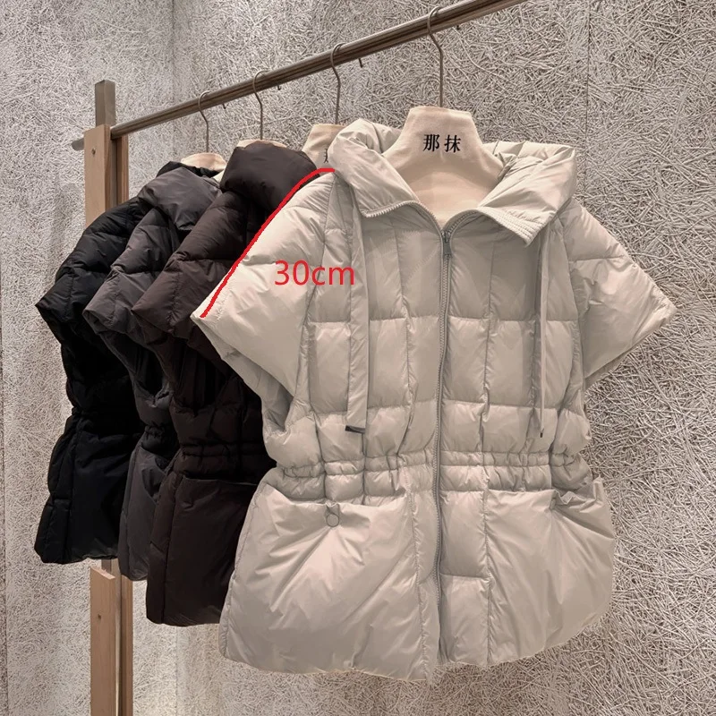 Schinteon Women White Duck Down Vest with Hood Office Lady Sleeveless Jacket Solid Color Drawstring Autumn Winter Gielt 2026 New