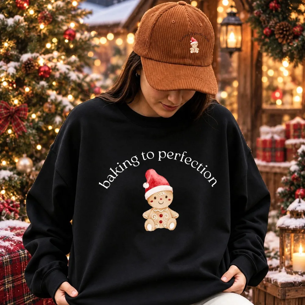Baking To Perfection Womens Sweatshirt Arched Letter Cute Santa Hat Cookie Baby Print Winter Xmas Pullover Cookie Baking Top