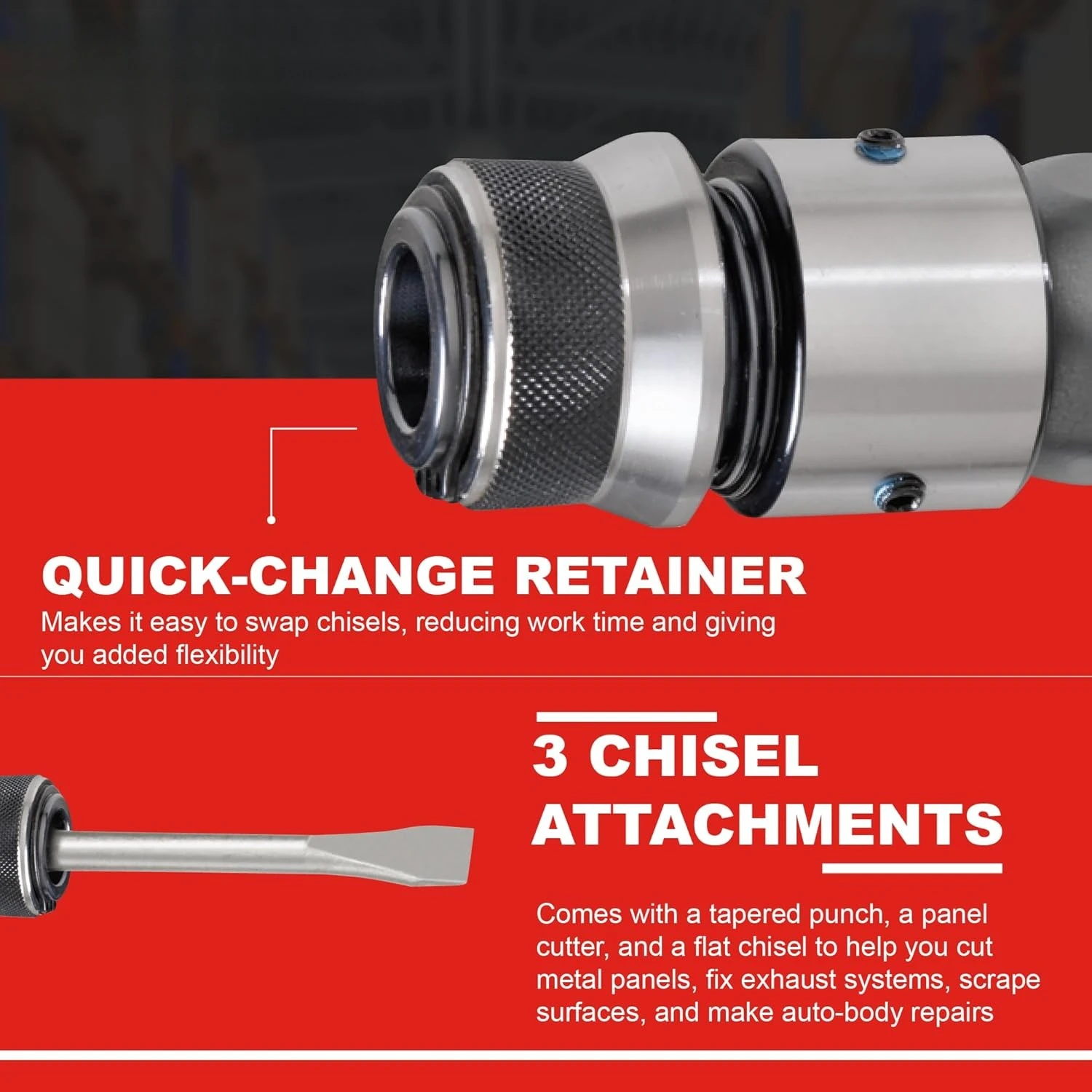 

114GQC Air Hammer - 3 PC Chisel Set with Tapered Punch, Panel Cutter, Flat Chisel, 2-5/8 Inch stroke, 3500 BPM,Gray