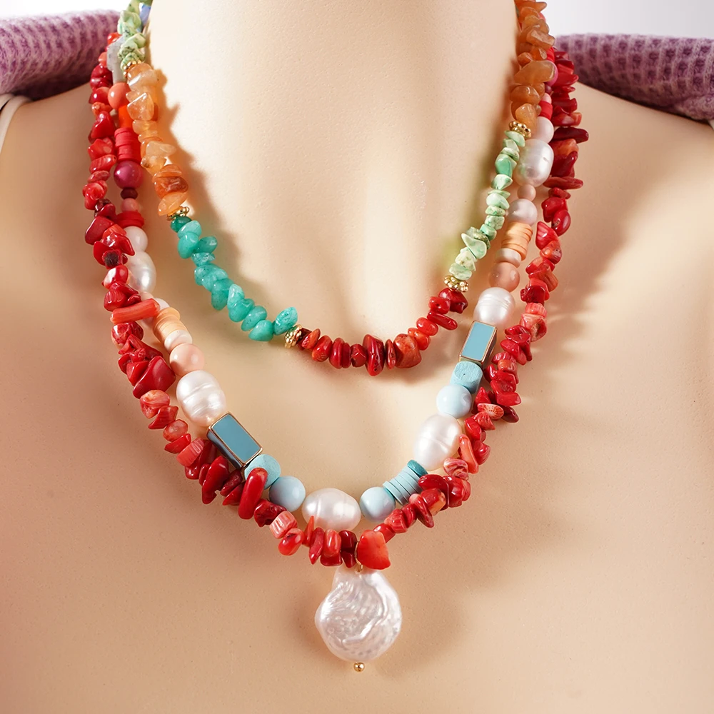 

Colorful Natural Stone Irregular And Trendy New Red Coral Green Natural Texture Turquoise Semi Splicing OT Buckle Necklace