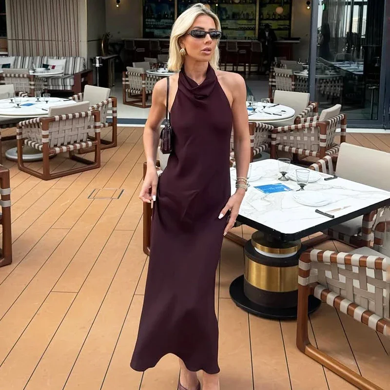 

Tuularose Elegant Satin Long Dress Retro Brown Sleeveless Fashion Backless Dress Luxury High Waist Sexy Women Evening Dress 2025