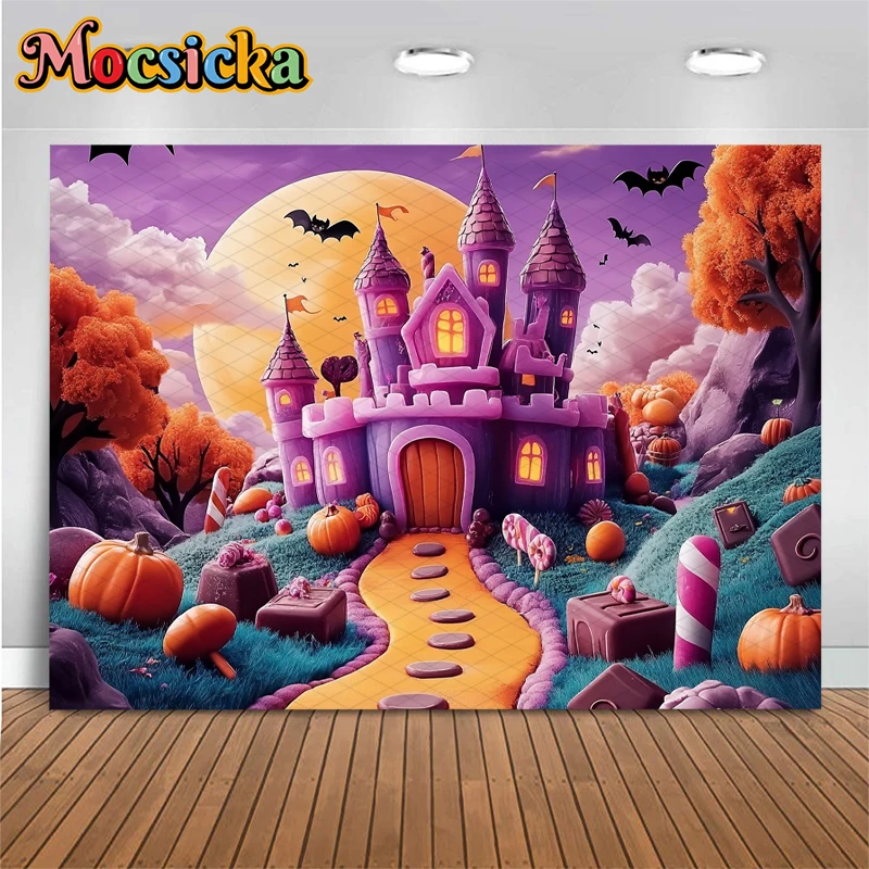 Mocsicka Halloween Purple Castle Background Moon Forest Pumpkin Party Banner Chocolate Lollipop Candy Decorations Photo Backdrop