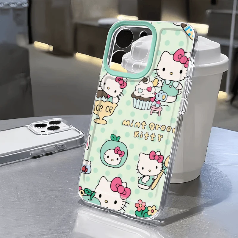 Green Wave Dot Cake HelloKitty Cute Phone Case For iPhone 16 15 14 13 12 11 ProMax XR 7 8 Plus Soft Anti Drop Silicone Cover Y2k