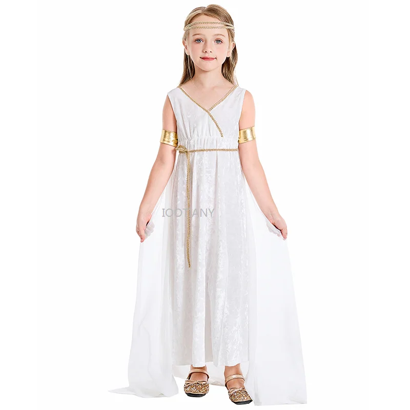 Kids Roman Grecian Athena Cosplay Costume Child Ancient Greek Goddess White Court Shawl Long Dresses Carnival Party Fancy Dress