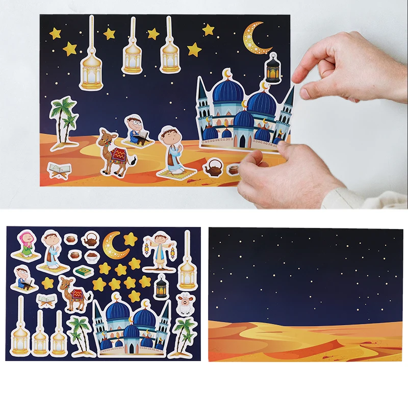 12pcs Ramadan DIY Puzzle Stickers Kids Gift Puzzle Game Toy Islam Muslim Party Supplie 2025 Eid Mubarak Home Decoration Sticker