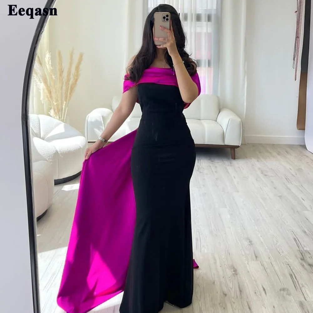 Eeqasn Mermaid Black Fuchsia Women Evening Party Dresses Saudi Arabic Off The Shoulder Floor Length Bodycon Formal Prom Gowns