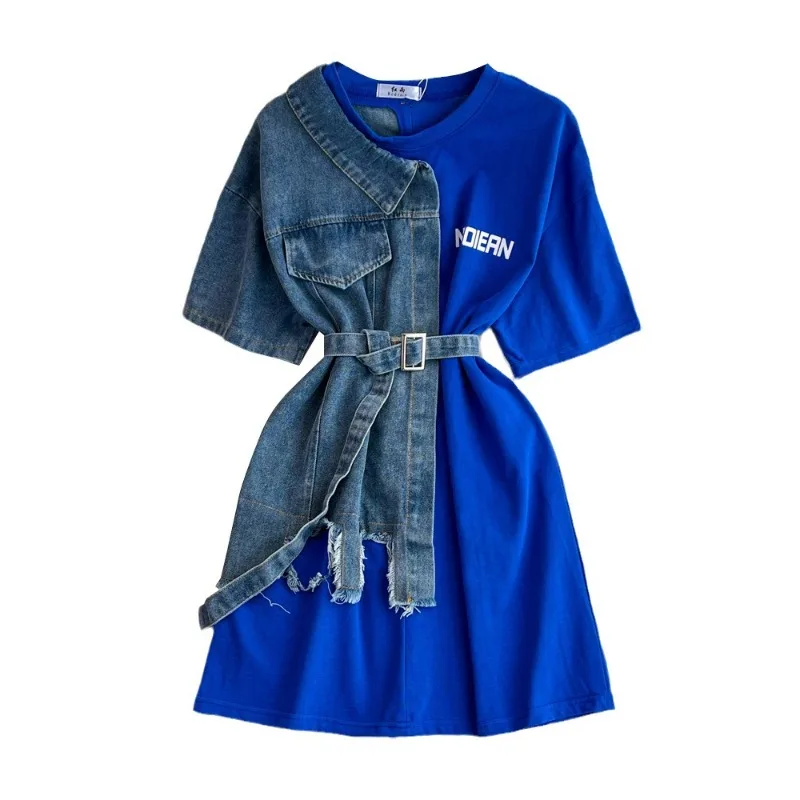 الصيف المرأة الدنيم المرقعة قصيرة الأكمام تي شيرت تيز س الرقبة فضفاضة التباين اللون الجينز تيز مربوط لاعبا القمم #5