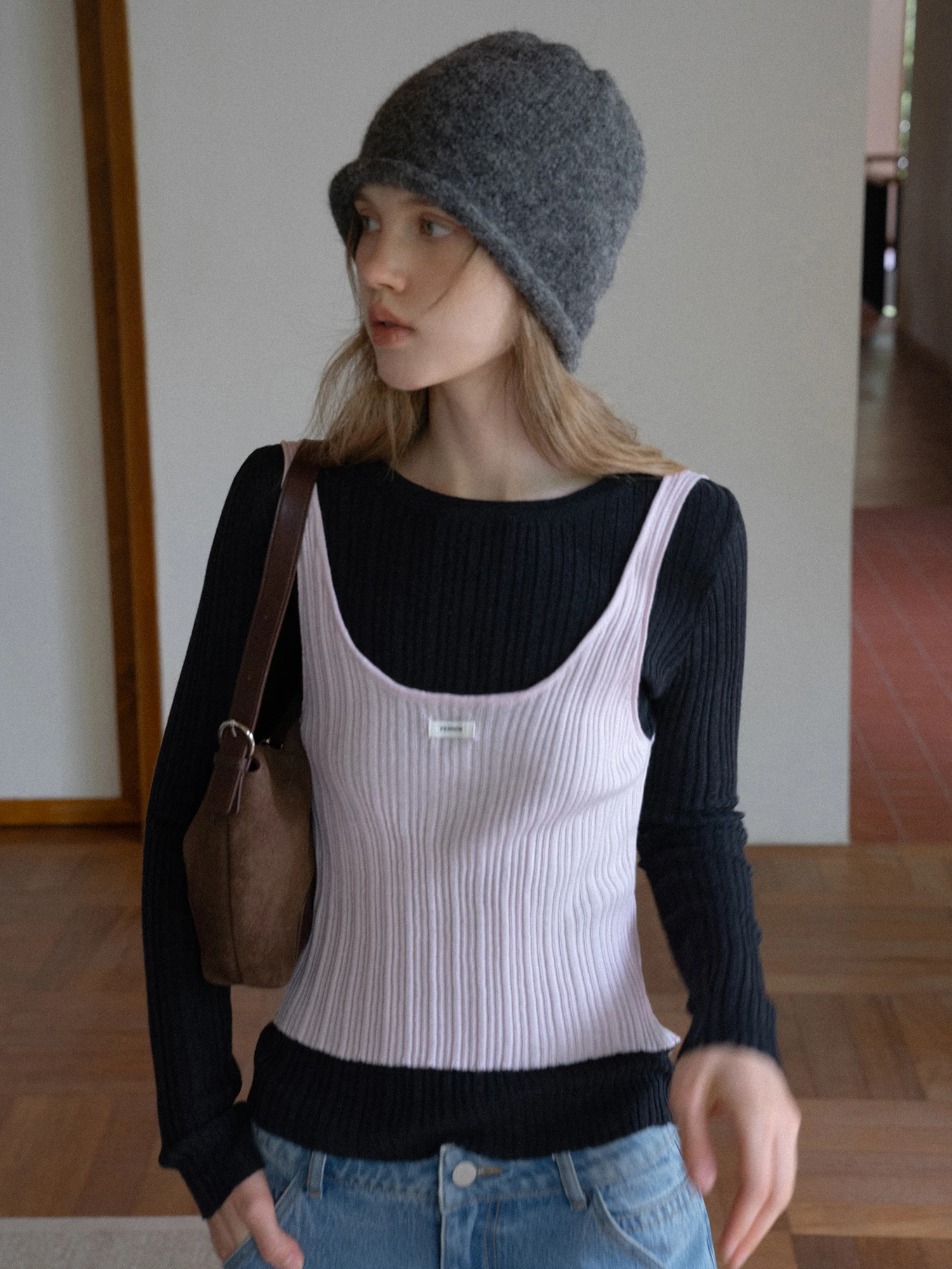 

EGGKA Color Blo Long Sve Knitted Vest Women's Autumn Winter Slim Fit Casual Top Fake Two-Piece Striped Design round Ne