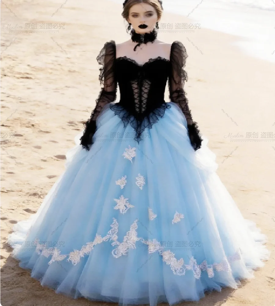 Unique Light Blue With Black Gothic Wedding Dress Destination Long Sleeve A Line Bohemian Beach Bridal Lace Boho Elopement Gowns