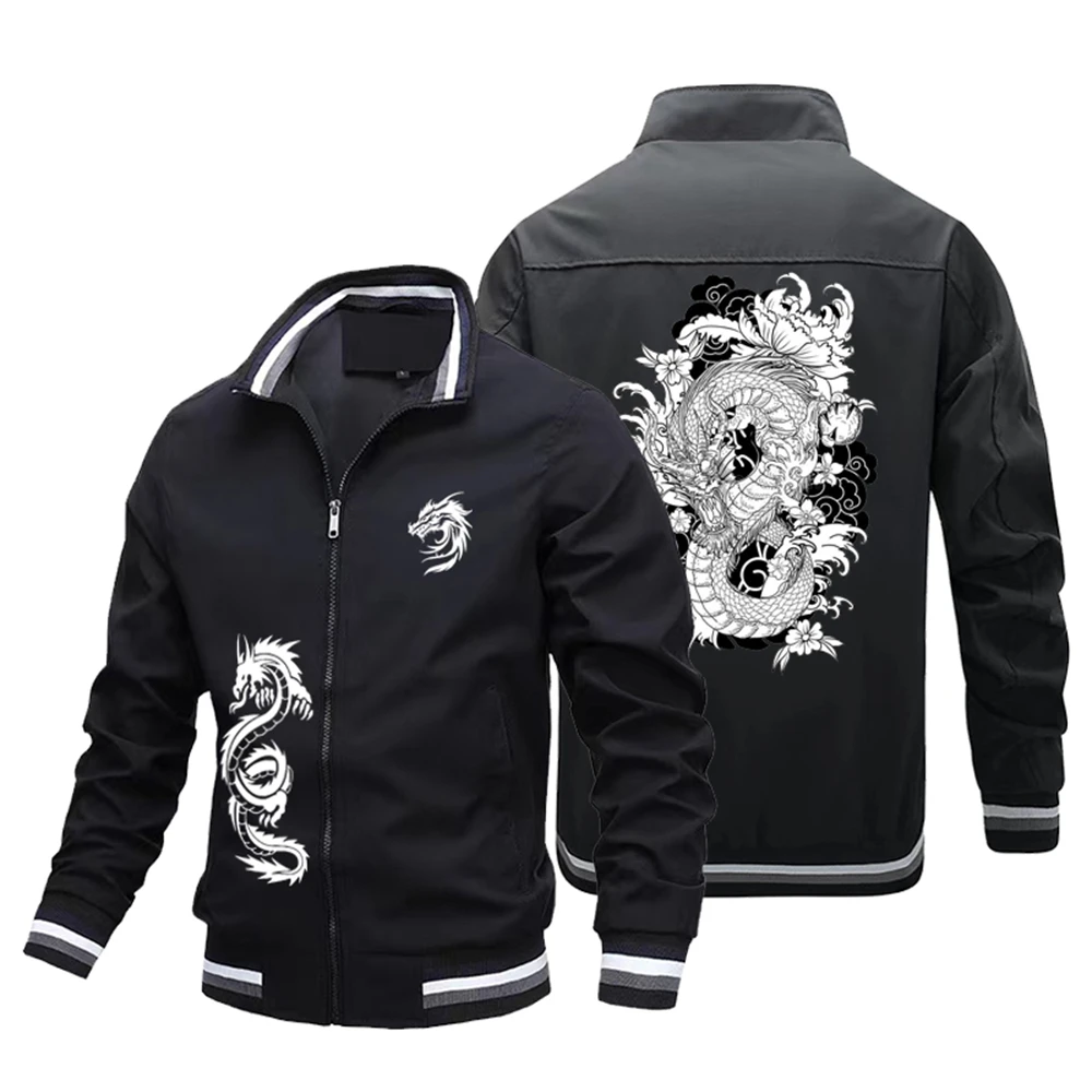 Dragon Tattoo Printed Men\'s Bomber Jacket New Spring and Autumn Fashion Large Size Dragon Pattern Windproof Cycling Jacket