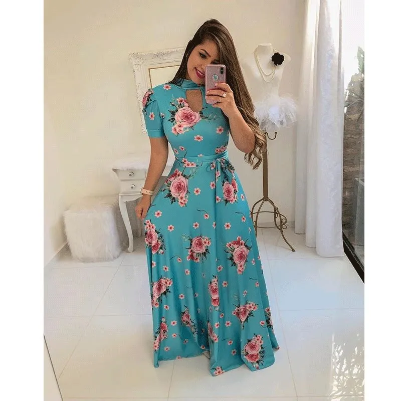 

Women's Plus Size Spring and Summer Sexy Elegant Fresh Country Style Printed Short Sleeve Fashion Flared Dress Long Dress