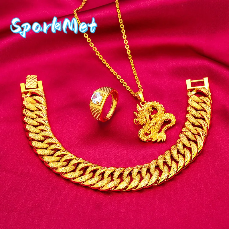 

SparkmetWide Edge Bracelet, Necklace Ring Set for Men 24K Gold, AU999 Double sided star track engravings rotating ring for timel