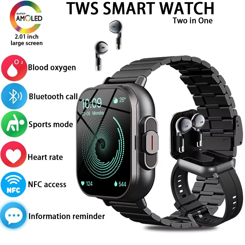 

New Smart Watch Men 2in1 With Earbuds Heart Rate GPS Tracker TWS Bluetooth Earphone Monitor Play Music Sports Fitness Smartwatch