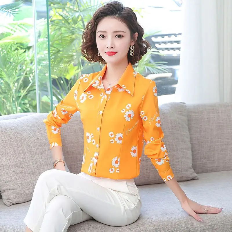 

Floral Shirt for Women Long-sleeved Autumn New Style Chiffon Shirt Small Fresh Shirt Middle-aged Mother Base Shirt
