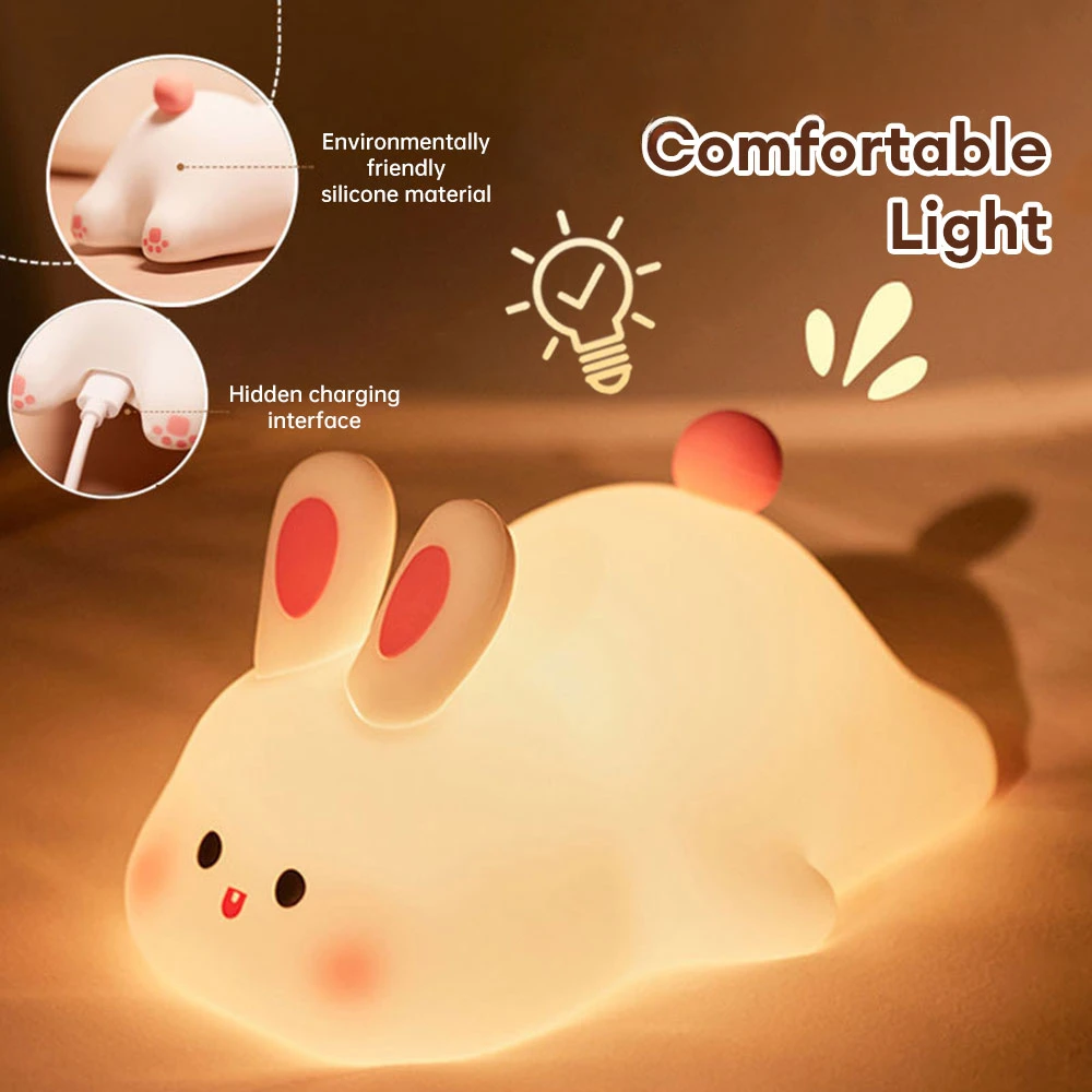 LED Cute Rabbit Night Light Silicone USB Rechargeable Bedside Night Light Sensor Children Girls Bedroom Decor Bedside Decor Lamp