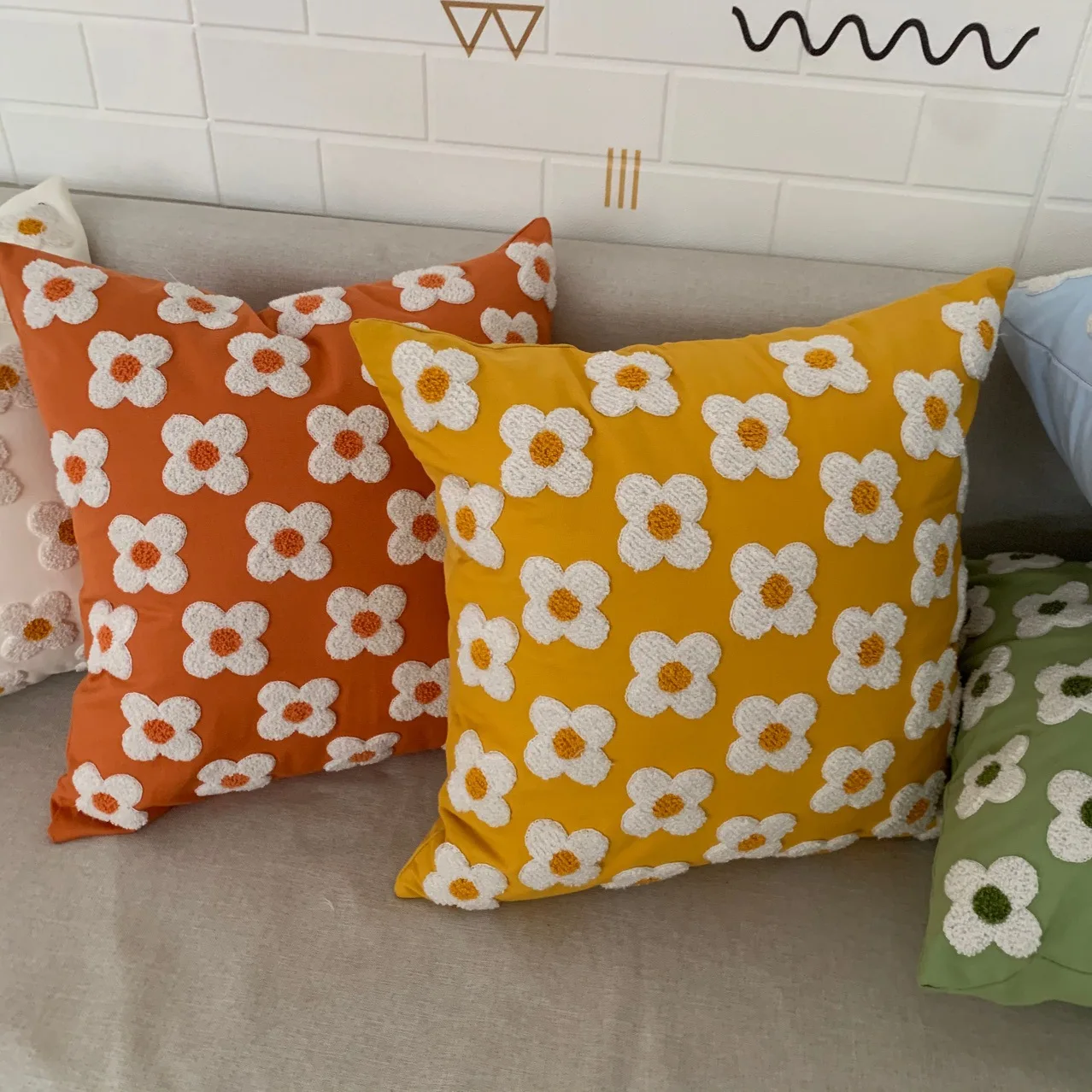 45X45cm Daisy Embroidery Throw Pillow Covers Square Rural Plant Sofa Pillow Cases Stamping Waist Cushion Cover Home Bed Decor