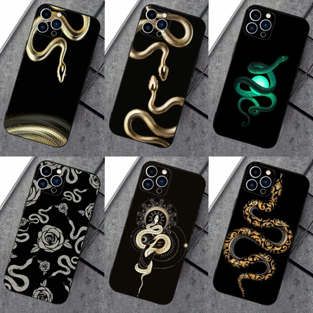 

Luxurious Gold Snake Phone Case For iPhone 16,15,14,13,12,11 Plus,Pro Max,XS,X,XR,SE,Mini,8,7，Soft Silicone Black Cover