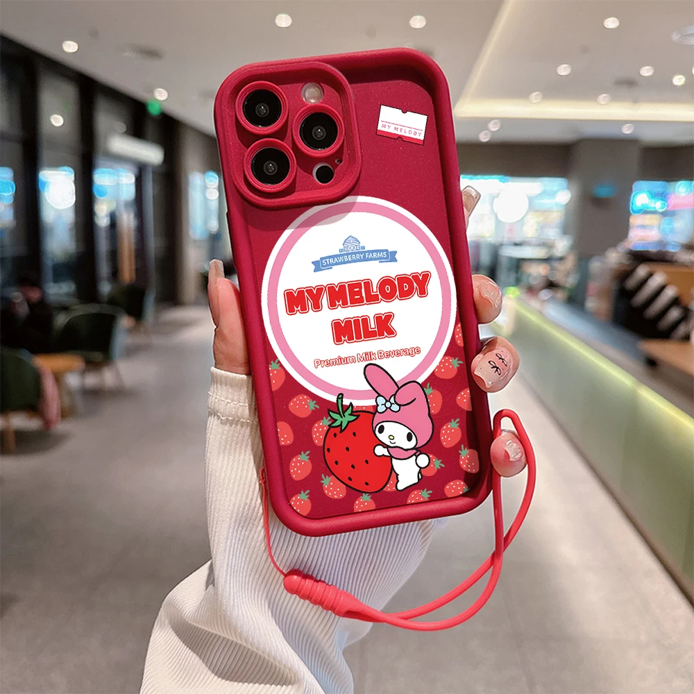 Urocze etui na telefon Kawaii Sanrio Melody do iPhone\'a 15 14 13 12 11 Pro Max Mini XR XS X 7 8 Plus Miękka tylna obudowa TPU z paskiem na rękę