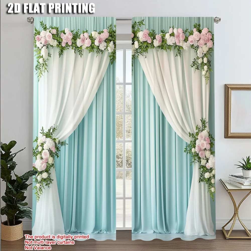 

2pcs, Upscale Curtains 2D print Elegant Green and White Curtain Versatile Polyester (without rod) Room Decor Perfect for Various