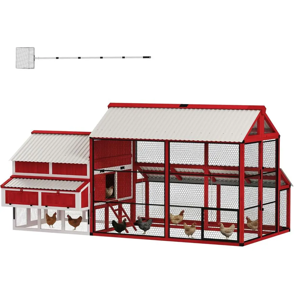 

Large Walk-in Wooden Chicken Coop for 10-15 Hens, Ducks, or Rabbits with Outdoor Run, Waterproof Roof, Nesting Box, and Perches