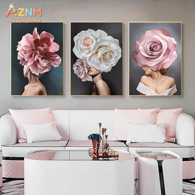 3PCS Pink White Flower Head Woman Canvas Wall Art Prints Set, Elegant Floral Lady Silhouette Artwork Posters, No Frame Modern Fa