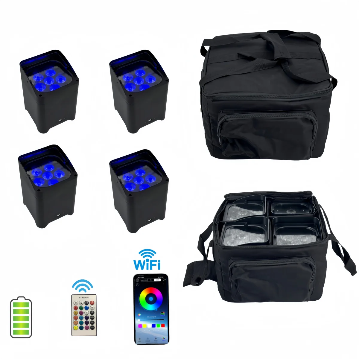 

4 шт. светодиодные фонари на батарейках с сумкой 6x18 Вт RGBWA UV 6in1 Wi-Fi удаленное приложение для телефона и беспроводной контроллер свадебный Uplight DJ