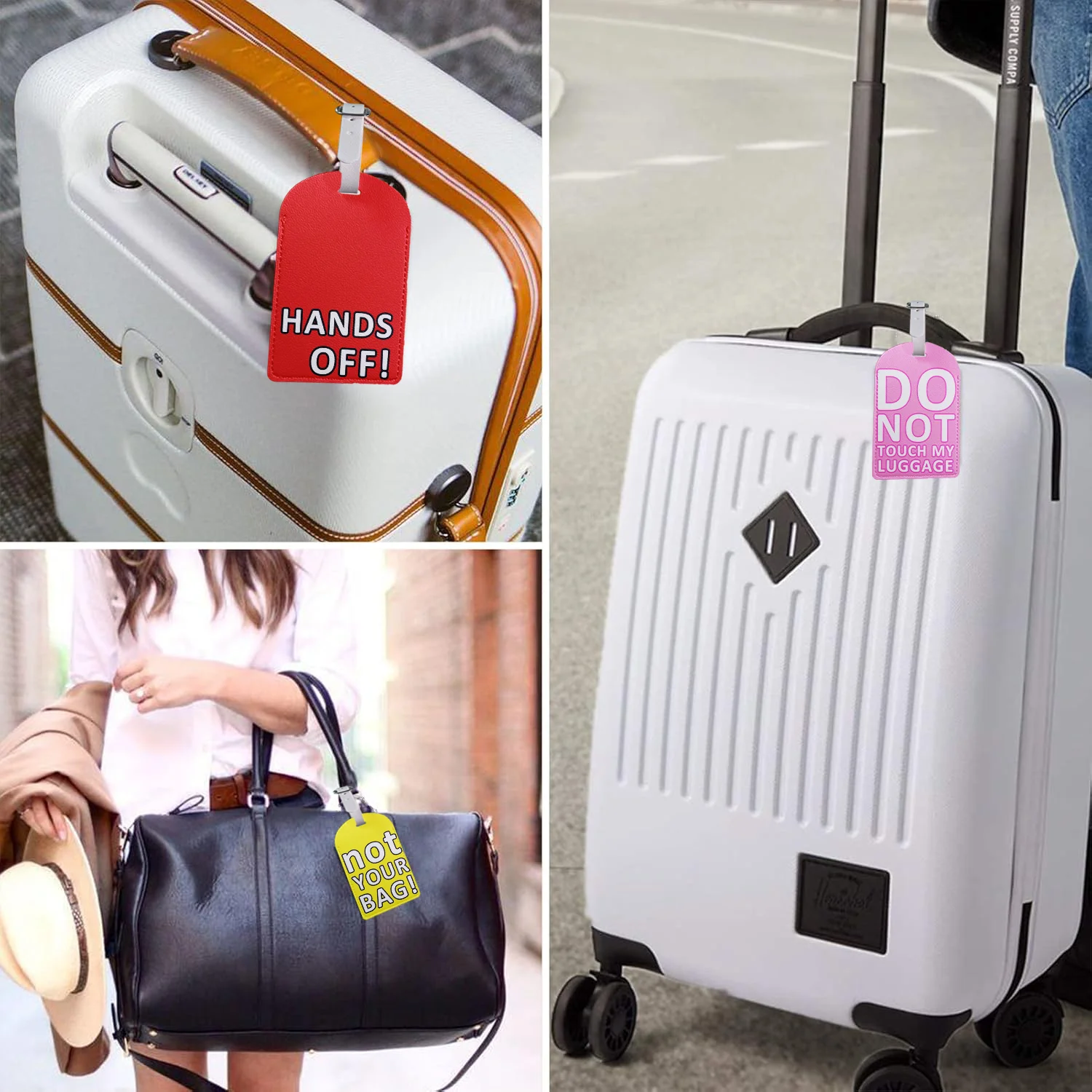 PU Leather Travel Luggage Tags with Privacy Cover for Suitcase Handbags Backpacks Men Women Text Series Baggage Tags