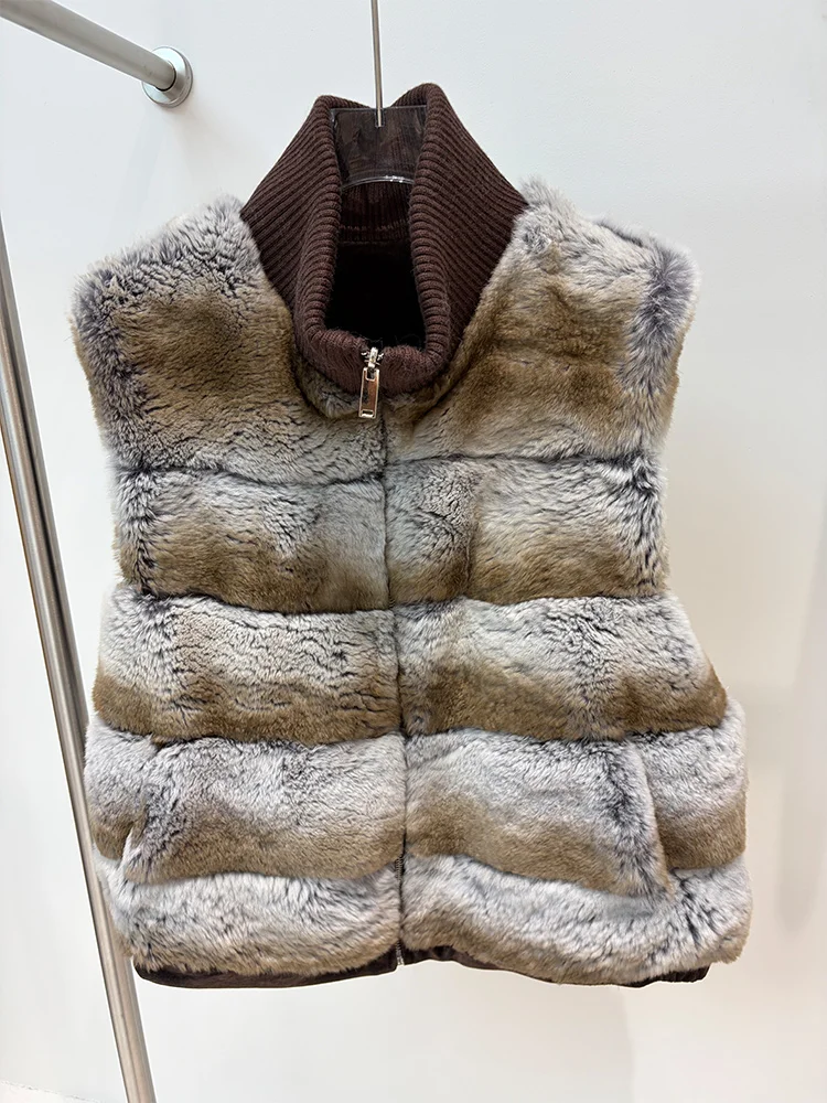 Women Real Rabbit Fur Vest Natural Rabbit Fur Gilet Winter Warm Luxury Fur Waistcoat Reversible 2‑Side Wear Sleeveless Jacket