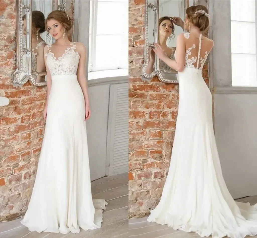 

Sexy Sheer Neck Lace Appliques 2024 Elegant Satin Sweep Train Bridal Gown Illusion Buttons Back robes de