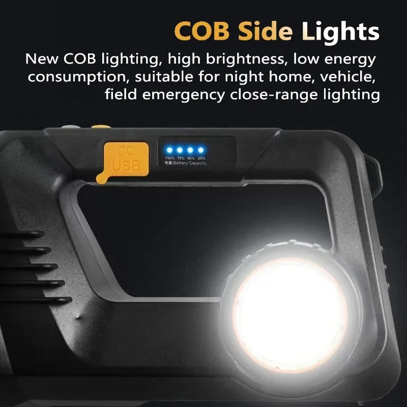 Portable LED Flashlight USB Rechargeable Searchlight with Side Light Outdoor Waterproof Powerful Spotlight Camping Lantern Torch