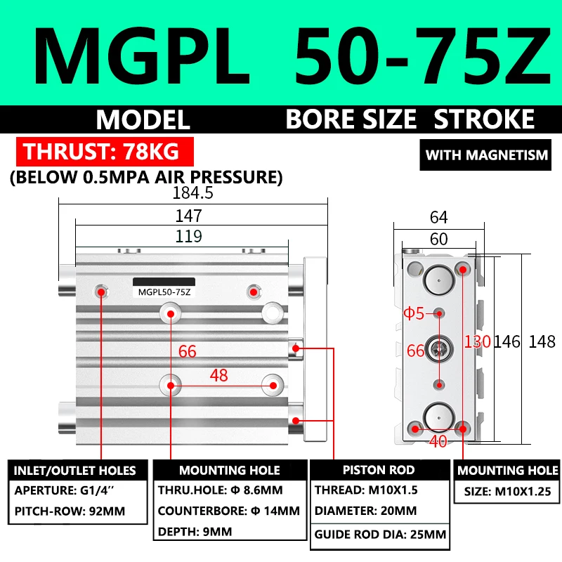 ABILKEEN MGPL50-75Z MGPL Pneumatic Compact Guide Cylinder 50MM Bore X 75MM Stroke Thin Three Axis Three Rod Air Cylinder