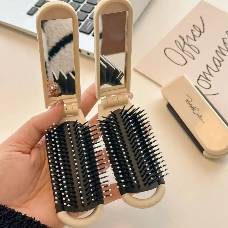 2-in-1 Mini-Haarbürste, zusammenklappbarer Massagekamm, Kopfmassage, antistatisch, tragbar, Haarkämme, Spiegel, Luftkissen, Kopfhaut-Massagekamm