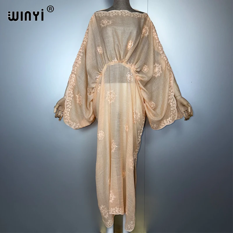 WINYI femme musulmane robes longue vers le bas caftan robe de soirée Perspective robe brodée femme vacances abaya dubaï luxe Caftan