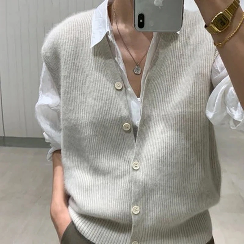 Women Cardigan Sweater Vest Loose Wool Knitted Autumn And Winter Vest Sweater For Women Loose Solid Sleeveless Sweaters 16348