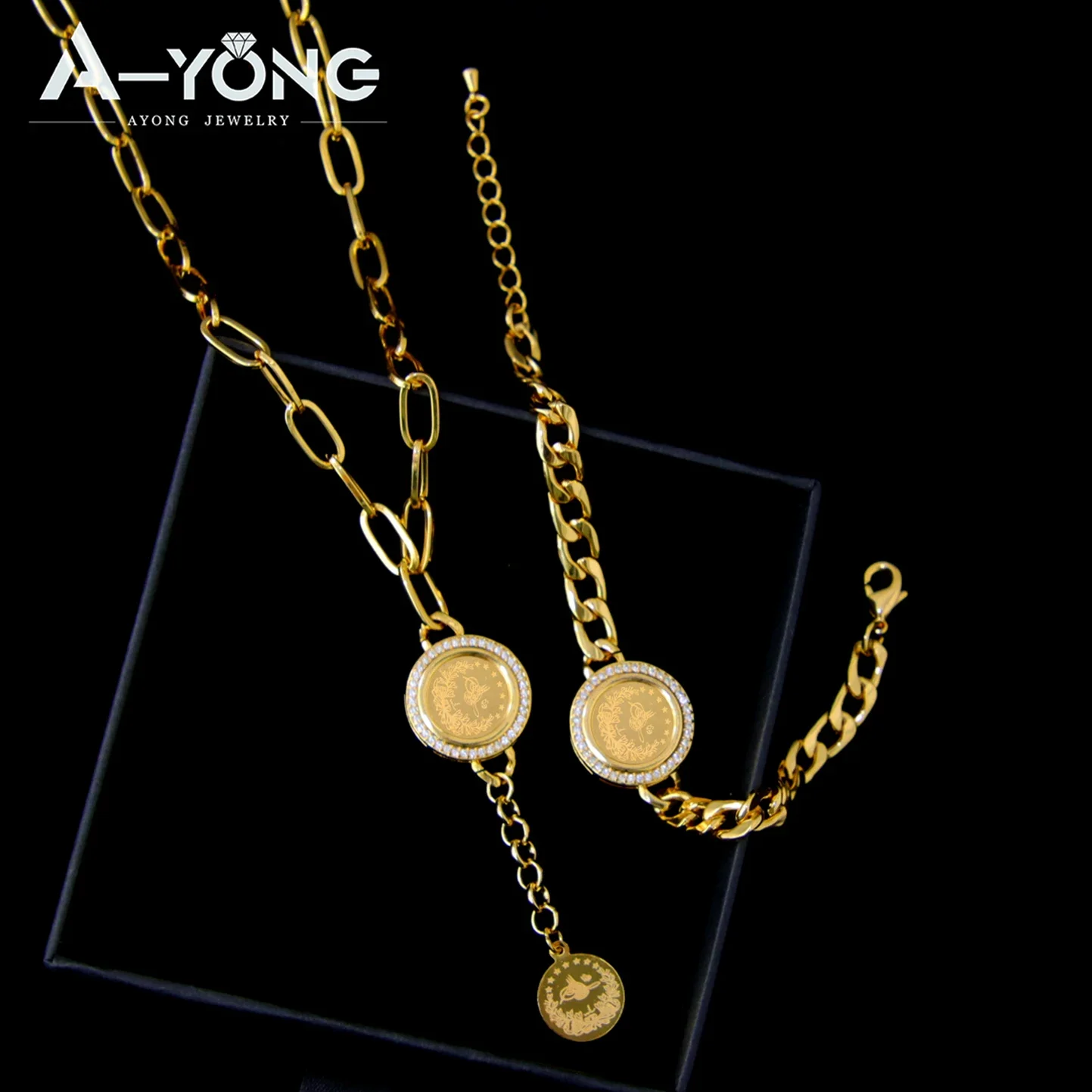 

Turkish Gold Color Coins Jewelry Set 21k Gold Plated Dubai Elegant Zircon Necklace Bracelet Arabic Women Wedding Party Gifts