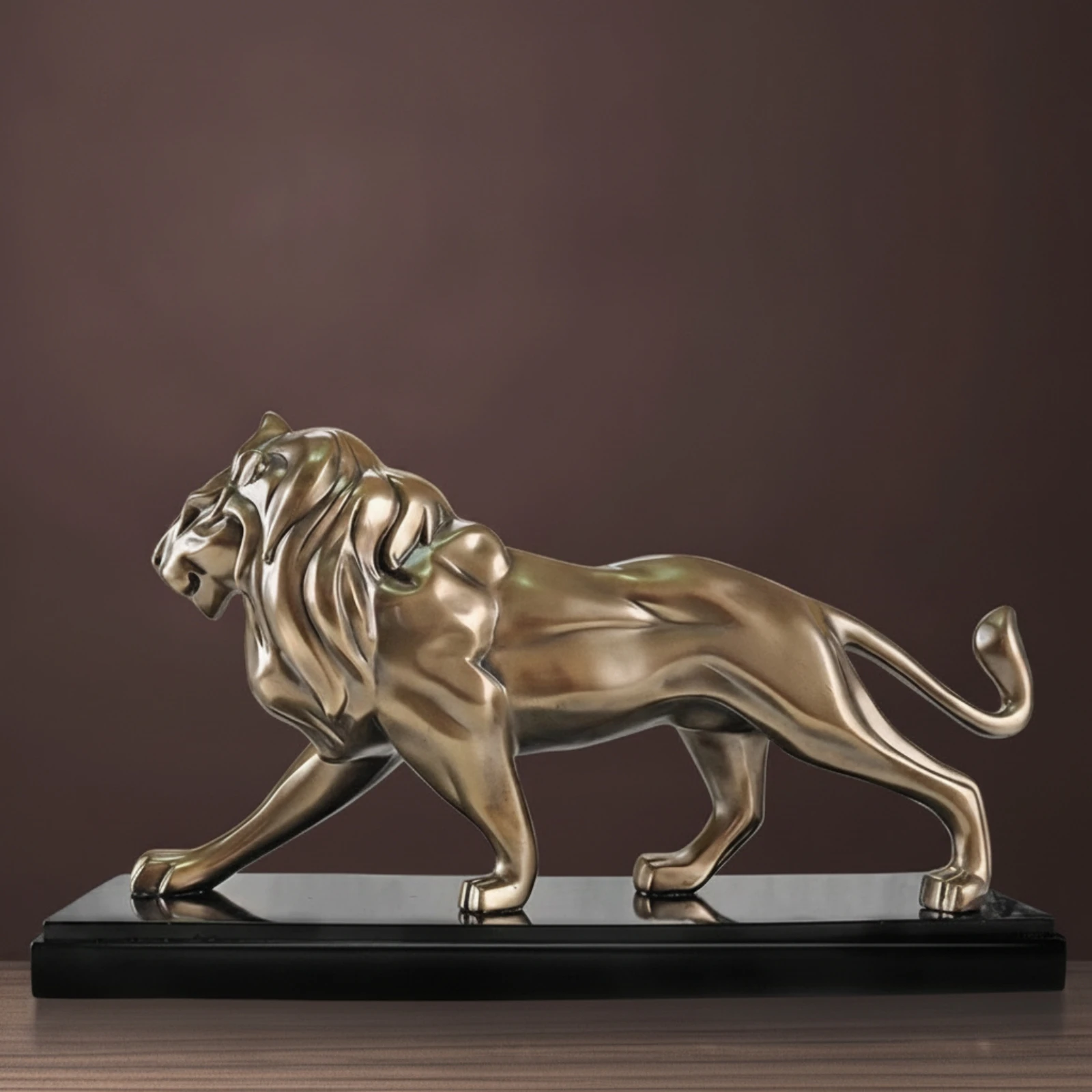 Lion Sculpture with Base Gold Lion Sculpture Lustrous Sculpted for Art Collectors, Office, Entryway