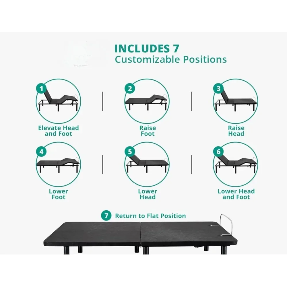 Verstelbaar bedframe Split King, hoofd- en voethelling, 7 verstelbare posities, draadloze afstandsbediening, compact, elektrisch bedframe