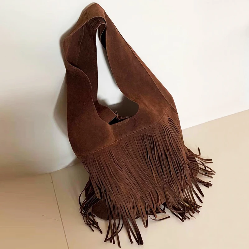 Bohemian Faux Suede Bucket Bags For Women Luxury Designer Handbags Purses 2024 New In Tassel With Inner Pocket Underarm Shoulder