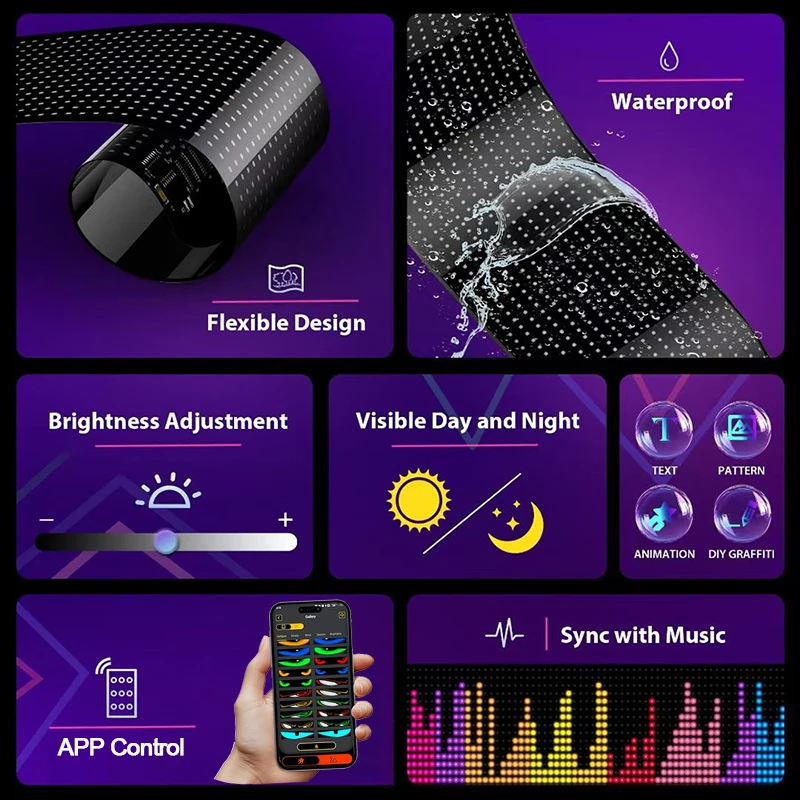 LED شاحنة العين LED شاشة مرنة DIY مصفوفة بكسل لوحة ضوء التمرير النص الرسوم المتحركة APP التحكم نمط عرض ديكور