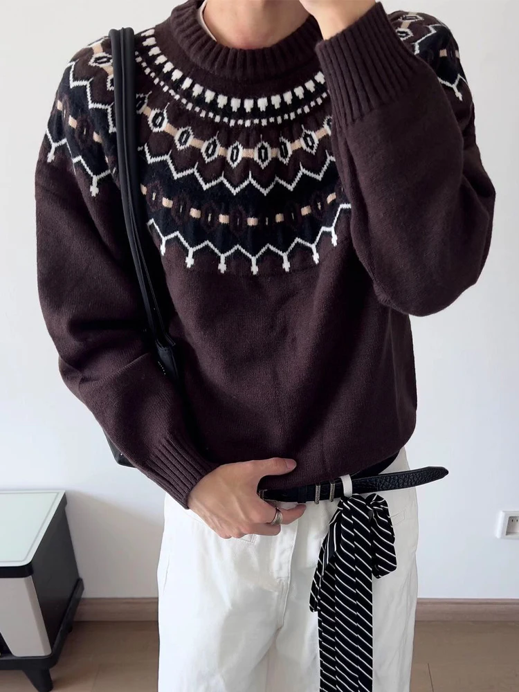 

Коричневый мужской свитер в стиле Fair Isle, осенний, американский ретро-стиль, свободный крой, с круглым вырезом, с вышивкой, парный, вязаная верхняя одежда