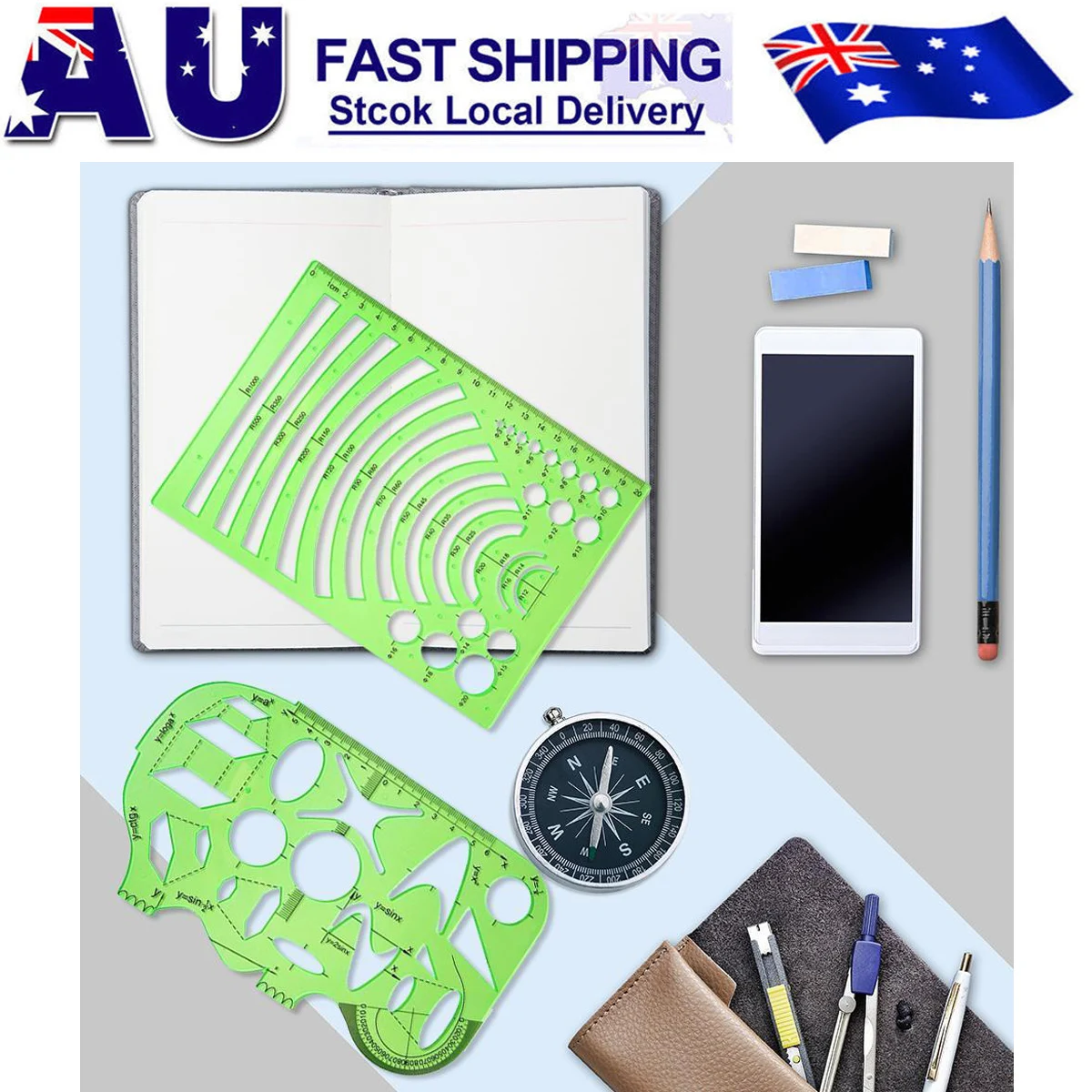 6 قطع من البلاستيك الأخضر الشفاف مجموعة مسطرة الرسم الهندسي لتصميم الفن شبكة الهندسة المعمارية الميكانيكية