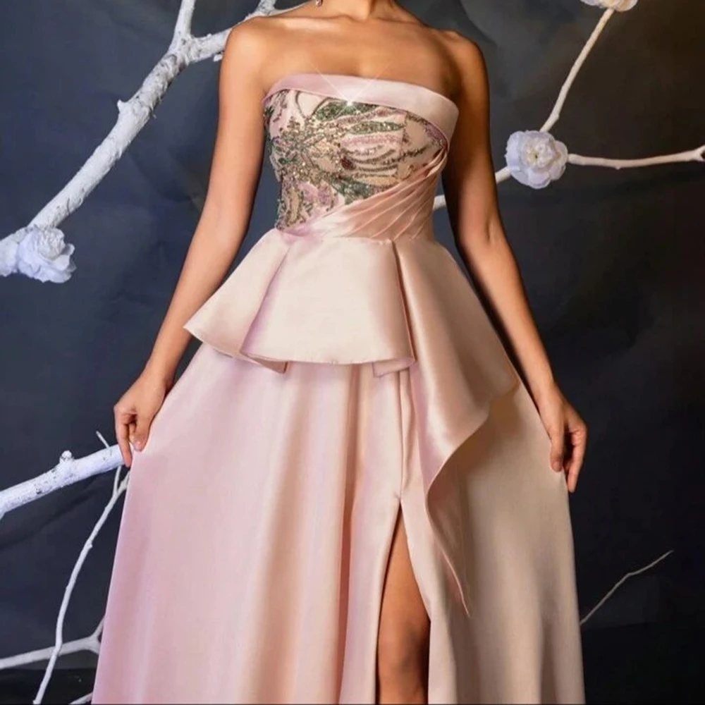 فساتين سهرة مخصصة على شكل حرف A بطول الأرض بدون حمالات بدون أكمام فستان حفلات موضة مطرزة بطيات بسيطة ثنيات للحفلات