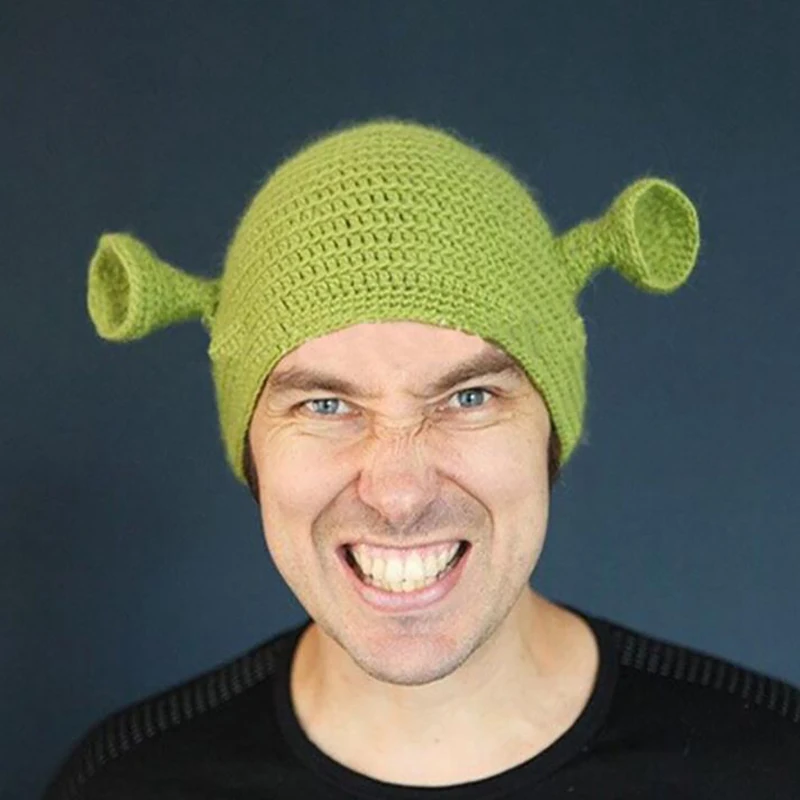 Unisex Balaclava Monster Shrek Hat Wool Winter Knitted Hats Green Party Funny Beanie Skullies Cap for Women Men Pure Handmade