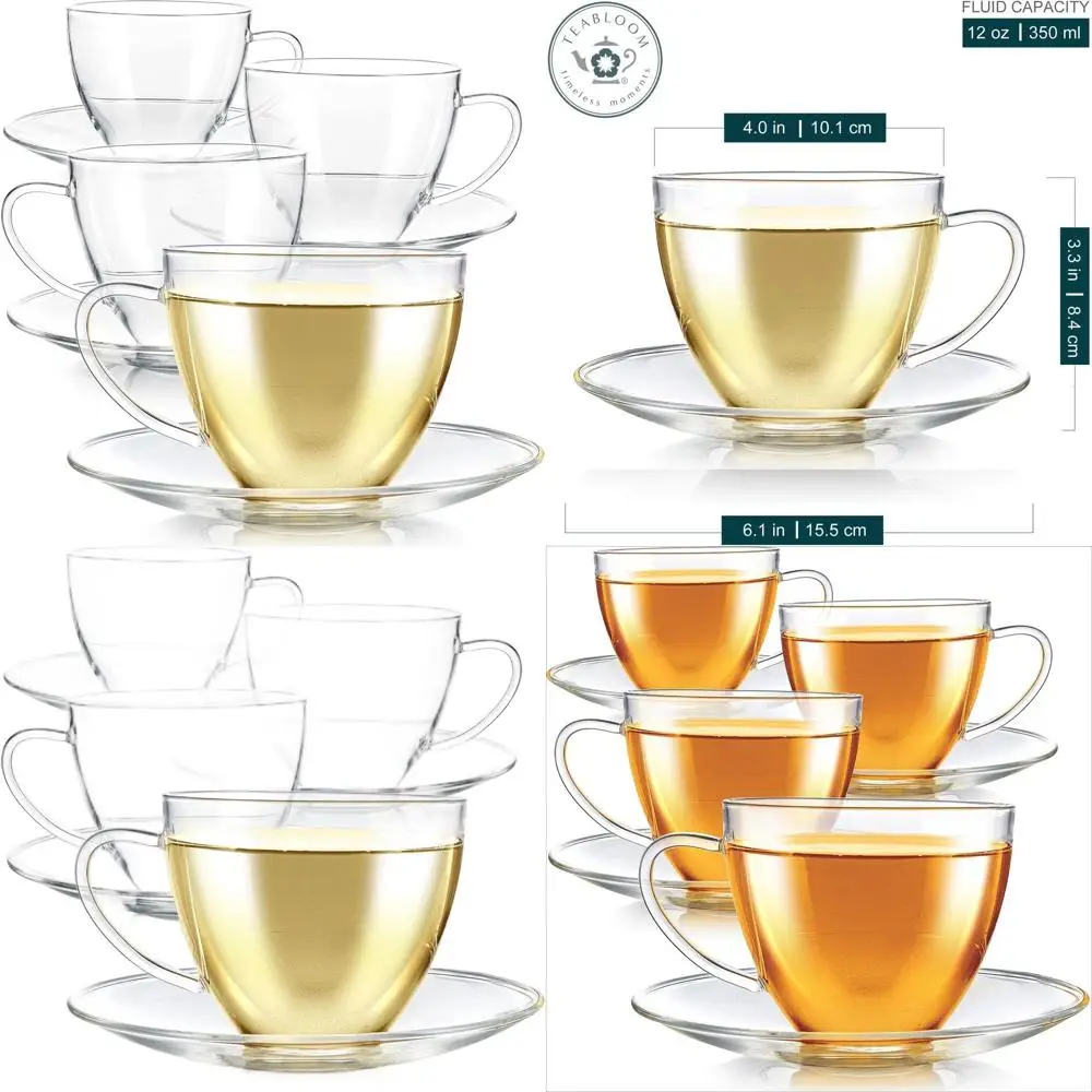 

Crystal Clear Large 12oz Glass Teacup & Saucer Set of 4 – Premium Borosilicate Glass – Stain and Odor Resistant
