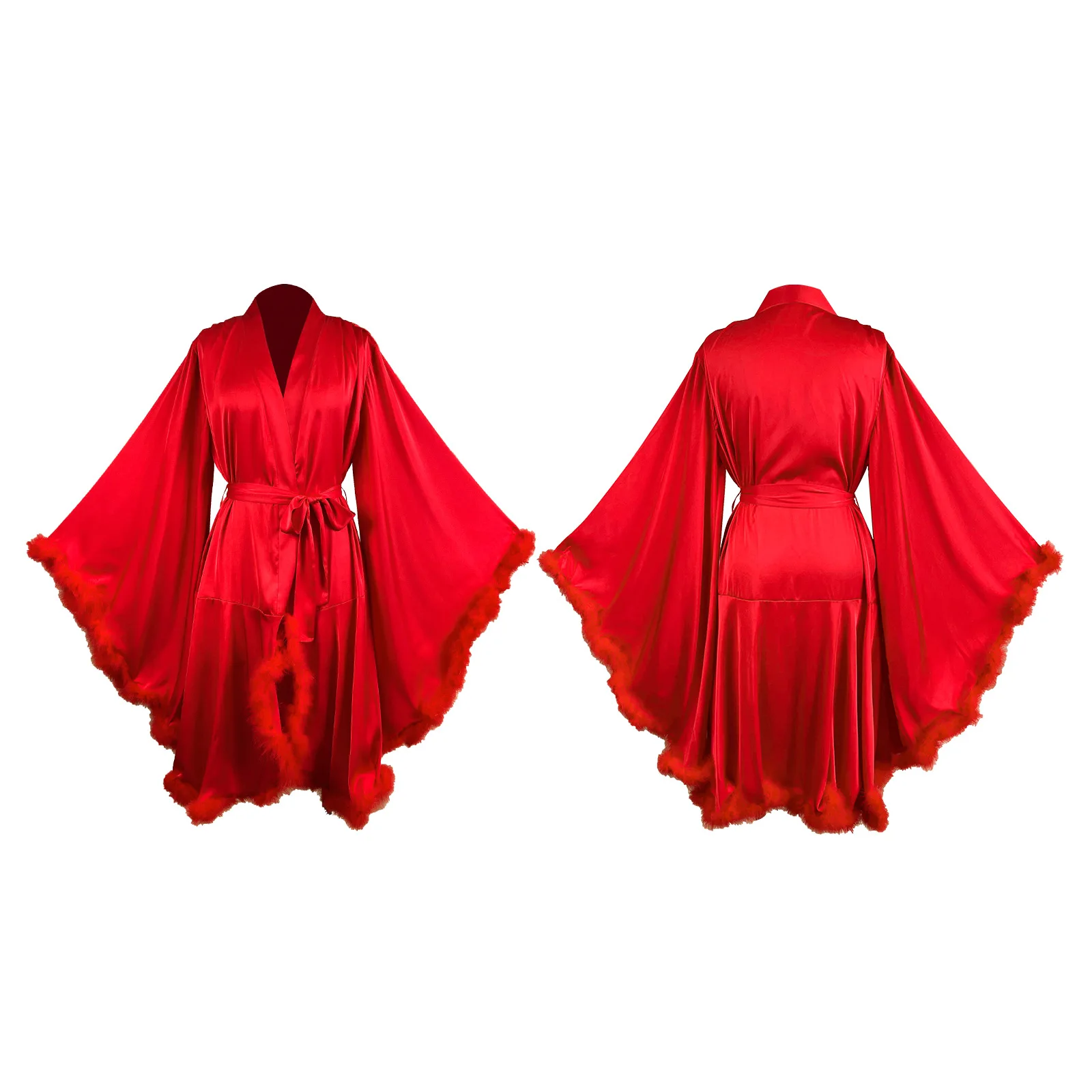 Bata larga de mujer con mangas anchas, adornada con plumas y detalles de satén rojo, con cinturón, escote en V, ideal para usar como ropa de noche, para fiestas navideñas o como bata de baño.